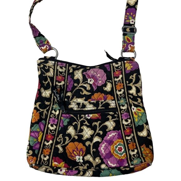 Vera Bradley Medium Suzani Hipster Crossbody Purse Floral Black Pink - Picture 2 of 5